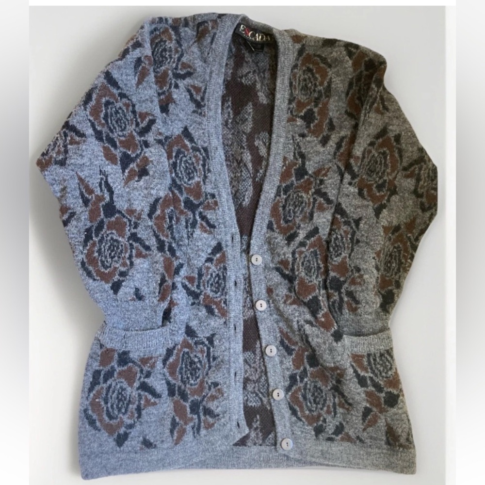 Vintage Escada Margaretha Ley Wool Mohair botanical Floral Cardigan grey 80s 90s